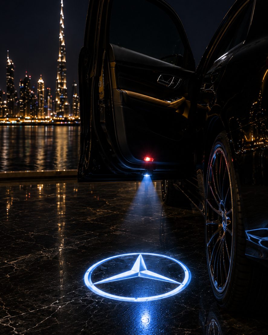 LED door logo light projecting a Mercedes star onto the ground in Dubai